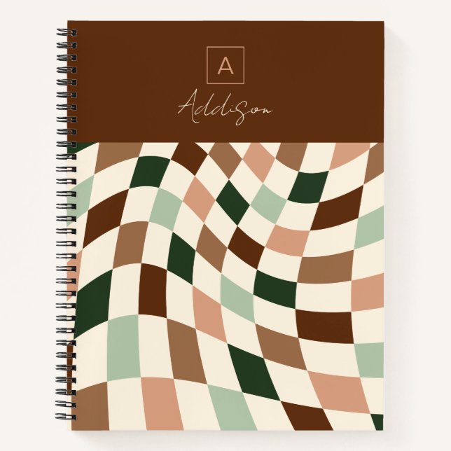 Boho Warped Checkerboard Personalized Monogram Notebook (Front)