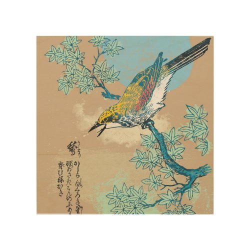 Boho water bird singing asian style illustration wood wall art