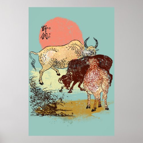 Boho water buffalos asian style illustration poster