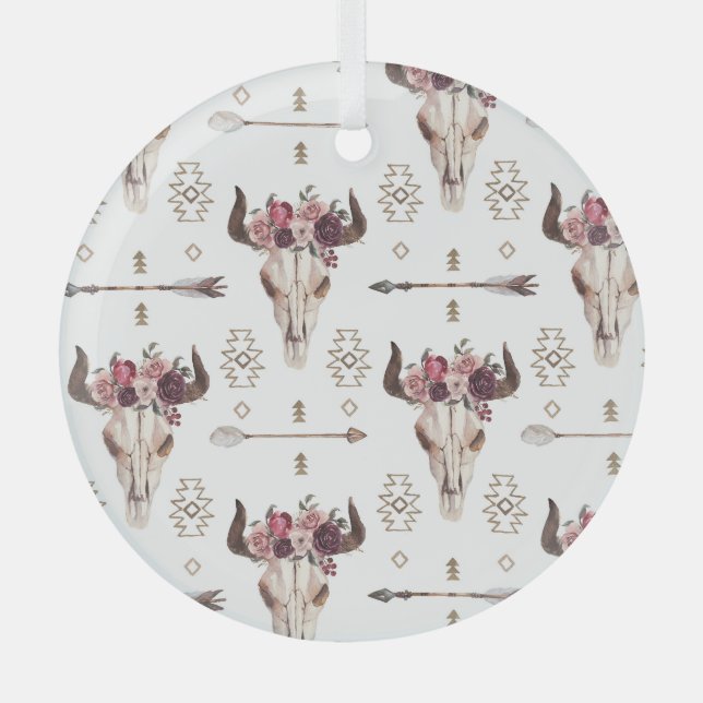 Boho watercolor: arrows, skull pattern. glass ornament (Front)