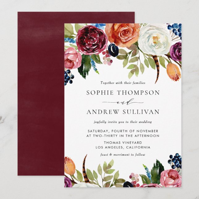 Boho Watercolor Autumn Blooms Wedding Invitation (Front/Back)