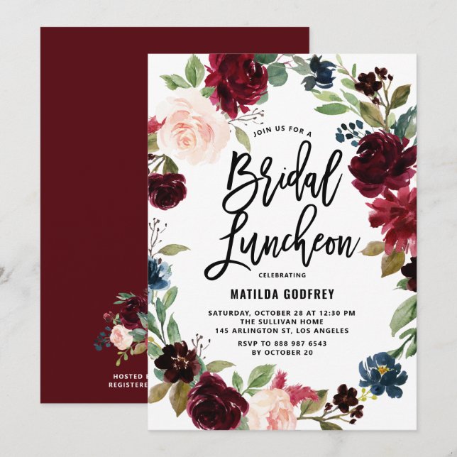Boho Watercolor Autumn Floral Bridal Luncheon Invitation (Front/Back)