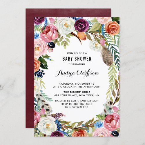 Boho Watercolor Autumn Floral Frame Baby Shower Invitation