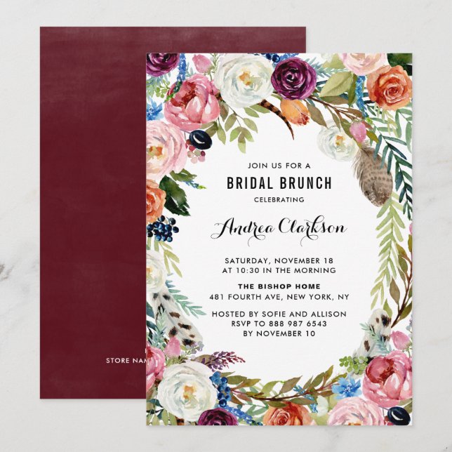 Boho Watercolor Autumn Floral Frame Bridal Brunch Invitation (Front/Back)