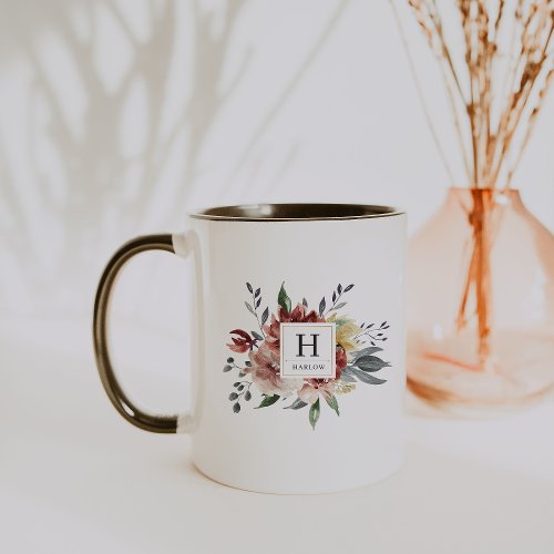 Boho Watercolor Autumn Floral Monogram Coffee Mug