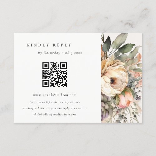 Boho Watercolor Autumn Floral Wedding QR Code RSVP Enclosure Card