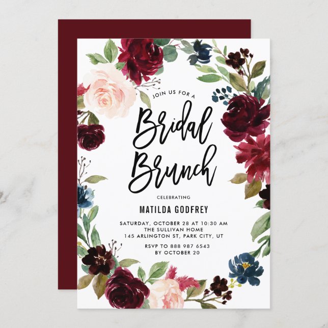 Boho Watercolor Autumn Floral Wreath Bridal Brunch Invitation (Front/Back)
