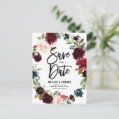 Boho Watercolor Autumn Floral Wreath Save the Date Postcard (Standing Front)