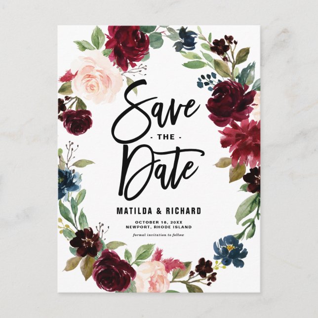 Boho Watercolor Autumn Floral Wreath Save the Date Postcard (Front)