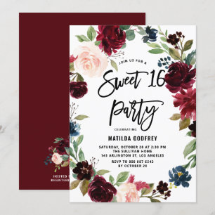Boho Watercolor Autumn Floral Wreath Sweet 16 Invitation