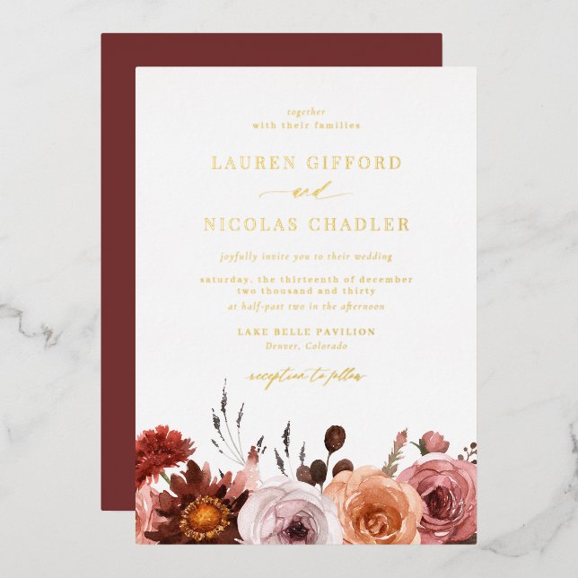 Boho Watercolor Autumn Flower Garland Fall Wedding Foil Invitation (Front/Back)