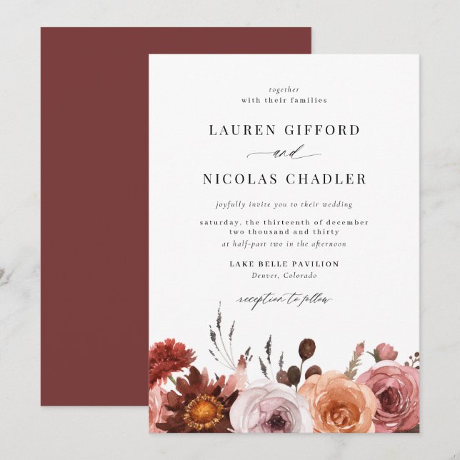 Boho Watercolor Autumn Flower Garland Fall Wedding Invitation (Front/Back)