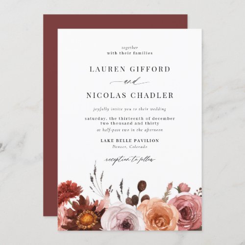 Boho Watercolor Autumn Flower Garland Fall Wedding Invitation