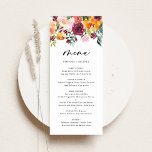 Boho Watercolor Autumn Flowers Fall Wedding Menu<br><div class="desc">Add an elegant floral accent to your event tablescape with this customizable floral menu card. It features watercolor floral garland of orange, pink, burgundy and yellow autumn flowers with eucalyptus and greenery accents. Personalize this watercolor floral menu card by adding your own details. This watercolor menu card is perfect for...</div>