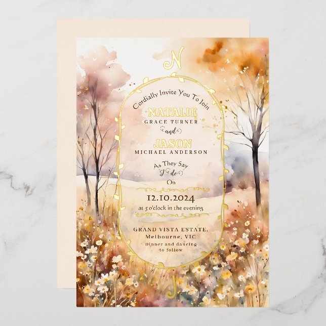 Boho Watercolor Autumn Nature Monogram Wedding  Foil Invitation (Front/Back)