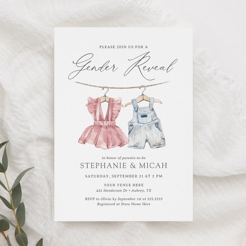 Boho Watercolor Baby Clothes Gender Reveal Invitation