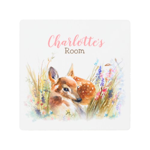 Boho Watercolor Baby Deer Square Metal Print