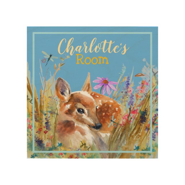 Boho Watercolor Baby Deer Wood Wall Art (Front)