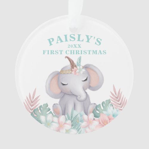 Boho Watercolor Baby Elephant Christmas Photo Ornament