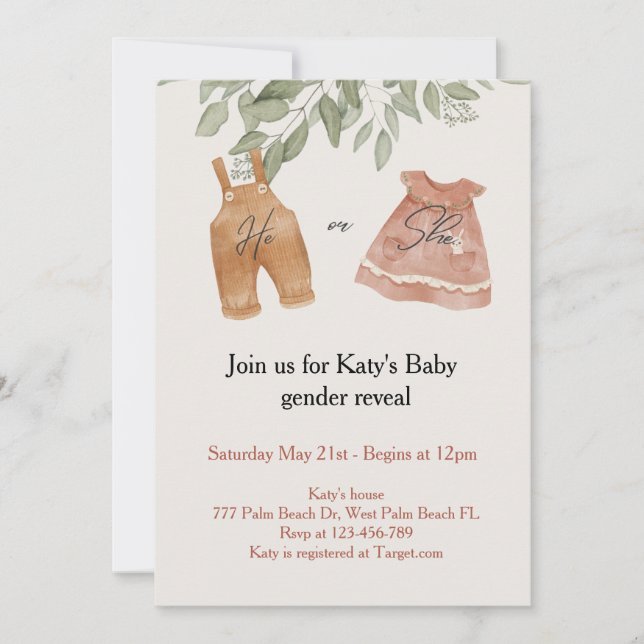 Boho Watercolor Baby Gender Reveal Invitation (Front)