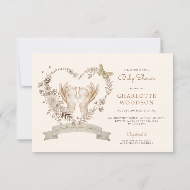 Boho Watercolor Baby Shower Baby Feet Invitation (Front)