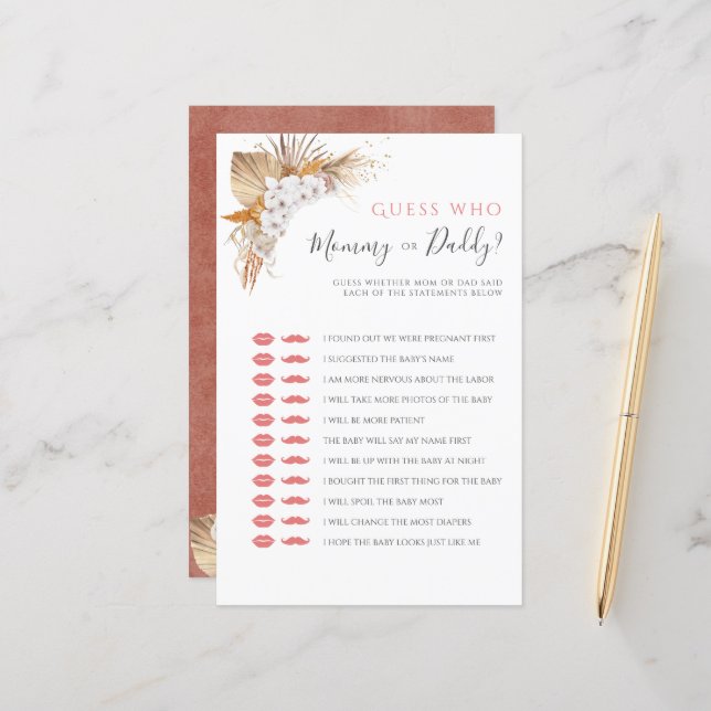 Boho Watercolor Baby Shower Game Mom Or Dad (Front/Back In Situ)