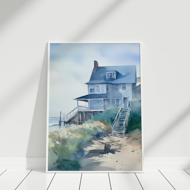 Boho Watercolor Beach House Art  Poster (Boho Watercolor Beach House Art Poster on a wooden floor in white frame.)