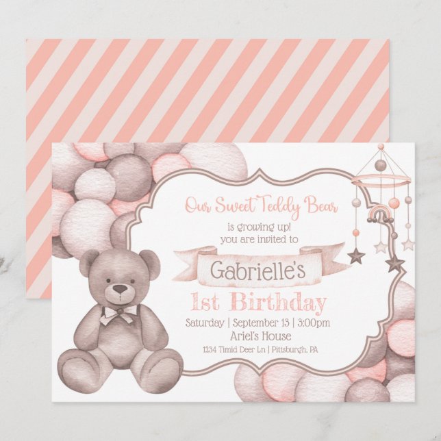 Boho watercolor bear baby birthday invitation  (Front/Back)