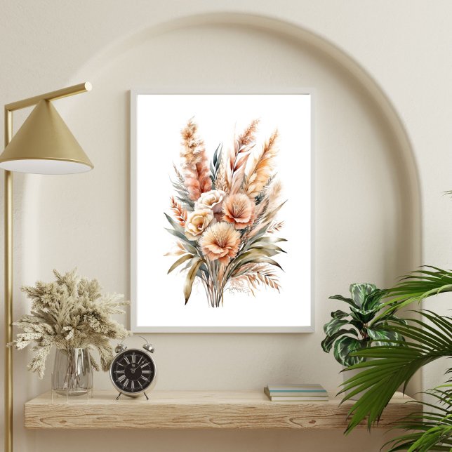 Boho Watercolor Beige Cream Brown Botanical Floral Poster (Boho Floral Botanical Cream Brown Beige Bouquet Wall Art Poster Print. Printed or Digital Download)