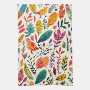 Boho Watercolor Birds – Artistic Nature-Inspired Kitchen Towel