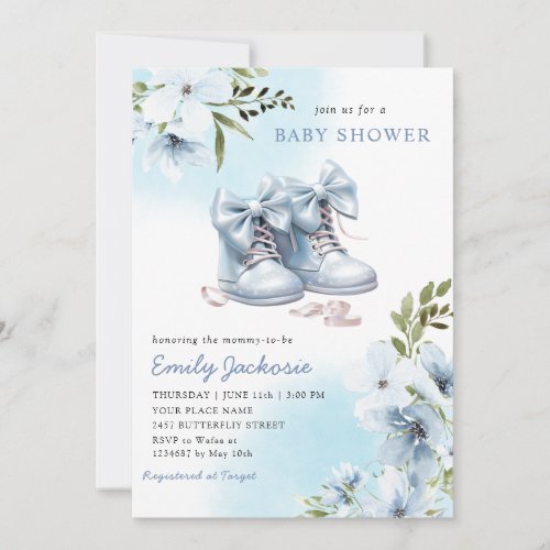 Boho Watercolor Blue Baby Shoes floral Baby Shower Invitation