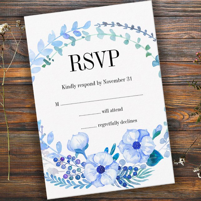 Boho Watercolor Blue Floral Wedding RSVP Card (Creator Uploaded)
