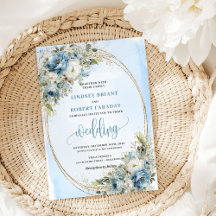 Boho Watercolor Blue Flowers Gold Wedding Invite