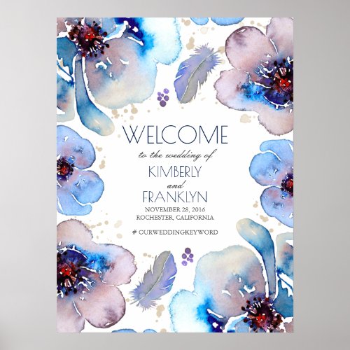 Boho Watercolor Blue Flowers Wedding Welcome Sign - Floral watercolor boho wreath blue wedding welcome sign poster