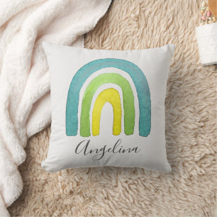 Boho Watercolor Blue Rainbow Nursery Decor Throw Pillow