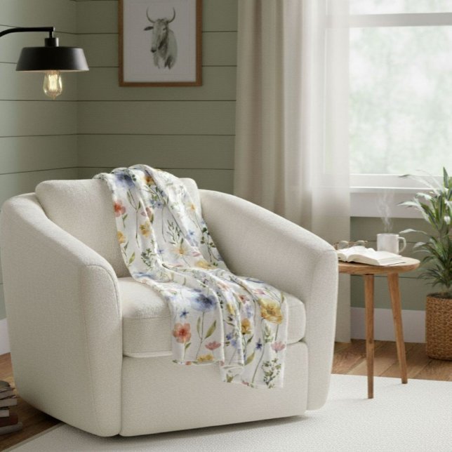 Boho Watercolor Blue Yellow Pink Wildflower Fleece Blanket (Creator Uploaded)