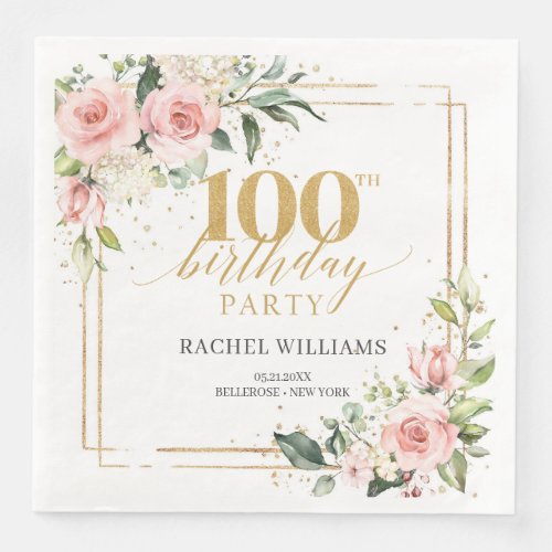 Boho watercolor blush floral greenery 100th b_day paper dinner napkins