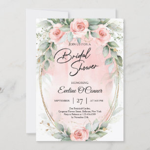 Boho watercolor blush flowers eucalyptus and gold invitation