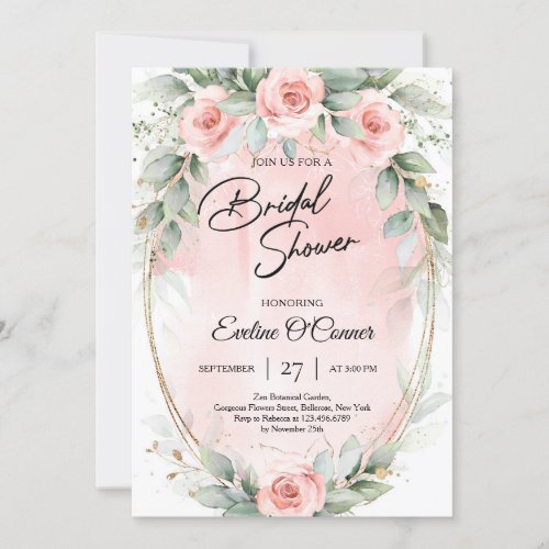 Boho watercolor blush flowers eucalyptus and gold invitation