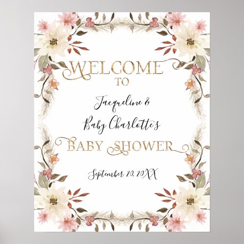 BOHO Watercolor Blush Pink Floral Girl Baby Shower Poster