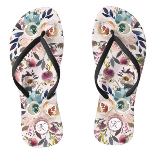 Boho Watercolor Blush Pink Green Monogram Floral Flip Flops