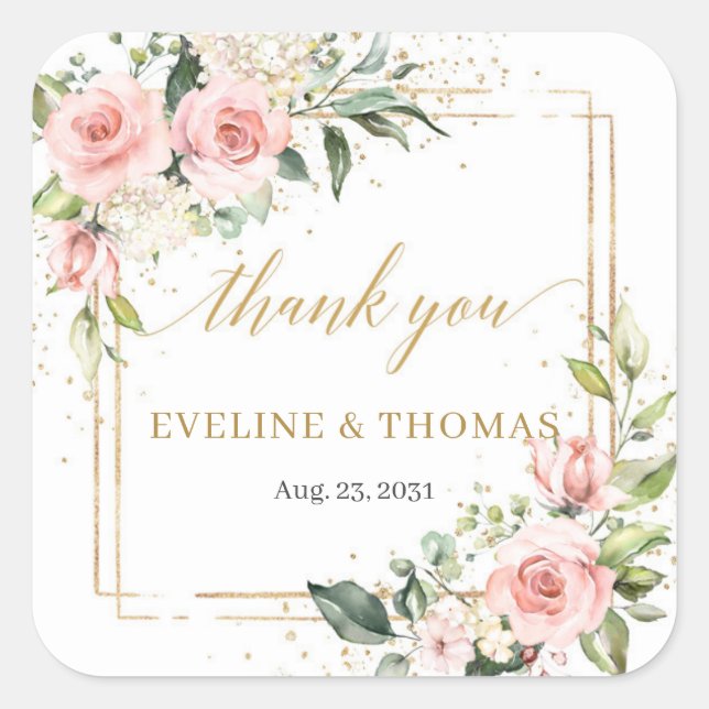Boho watercolor blush pink roses wedding square sticker (Front)