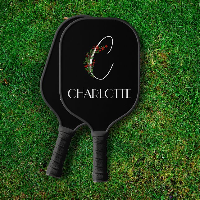 Boho watercolor botanic letter C black Pickleball Paddle (Creator Uploaded)