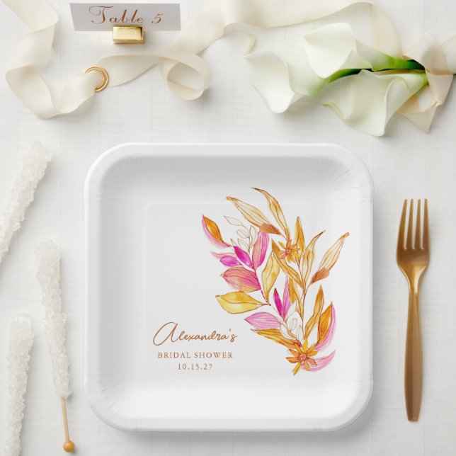 Boho Watercolor Botanical Pink Gold Bridal Shower Paper Plates (Wedding)