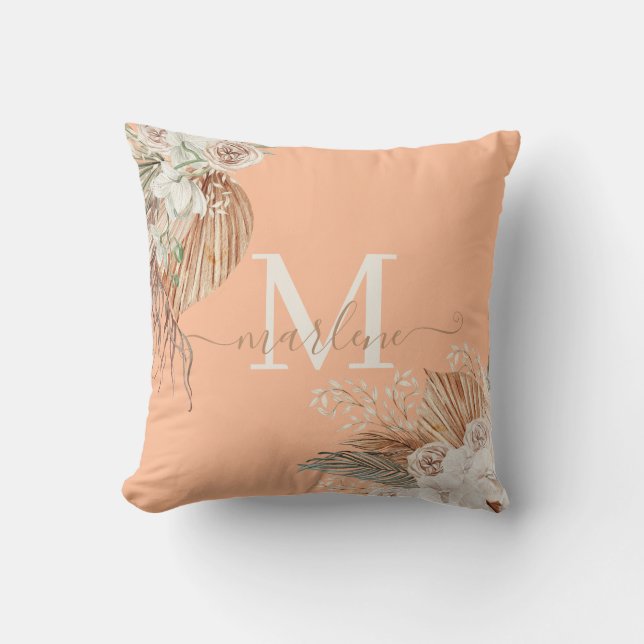 Boho Watercolor Bouquet Monogrammed Peach Fuzz  Throw Pillow (Front)