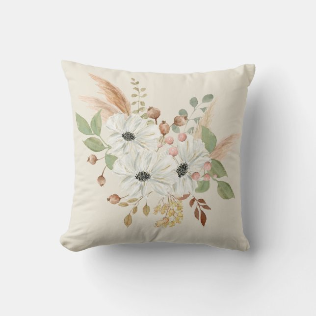Boho Watercolor Bouquet Throw Pillow (Front)