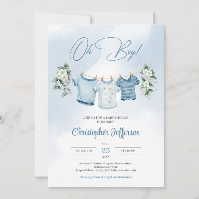 Boho Watercolor Boy Nursery Clothes and Eucalyptus Invitation (Front)