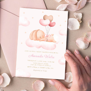 Boho Watercolor Bunny Balloon Girl Baby Shower Invitation