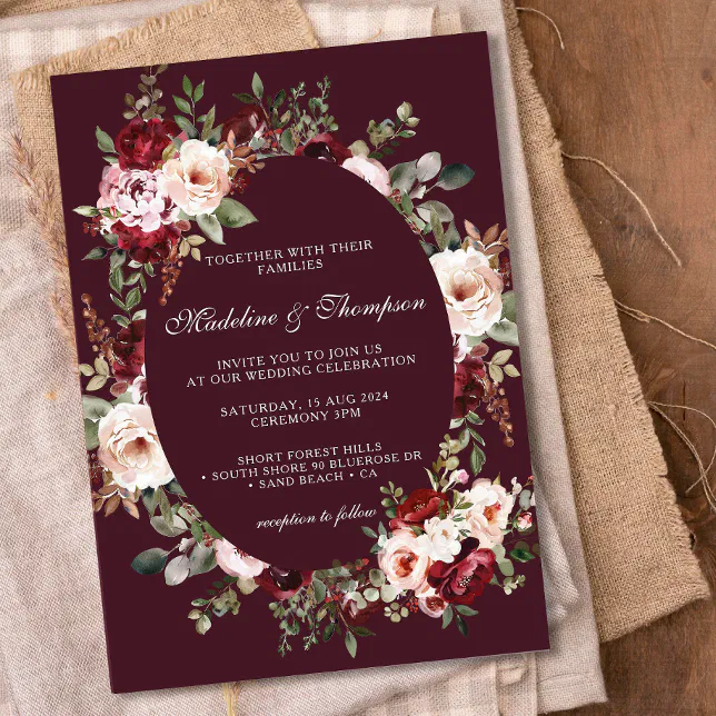Boho Watercolor Burgundy Red Floral Frame Wedding Invitation | Zazzle