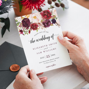 Boho Watercolor Burgundy Red Floral Rustic Wedding Invitation